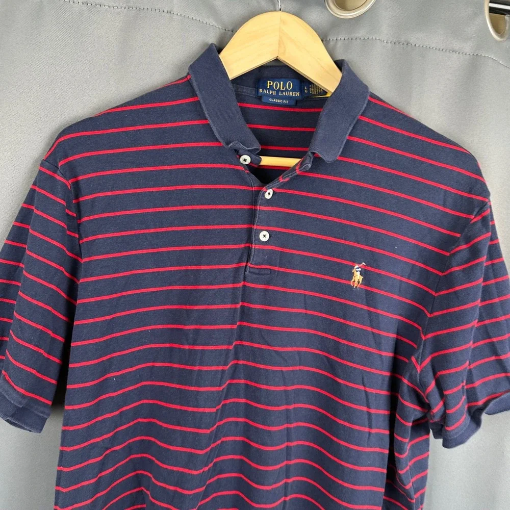 Polo Ralph Lauren Mens Classic Fit Navy Blue Red Striped Polo Shirt Large